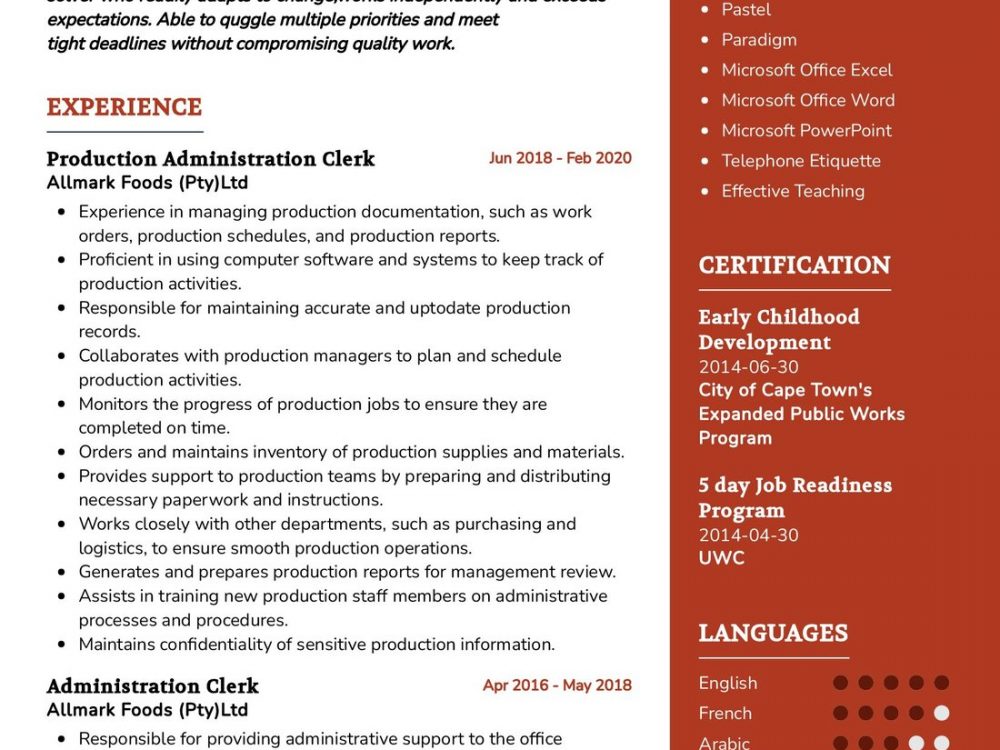 Administrative support Resume Sample