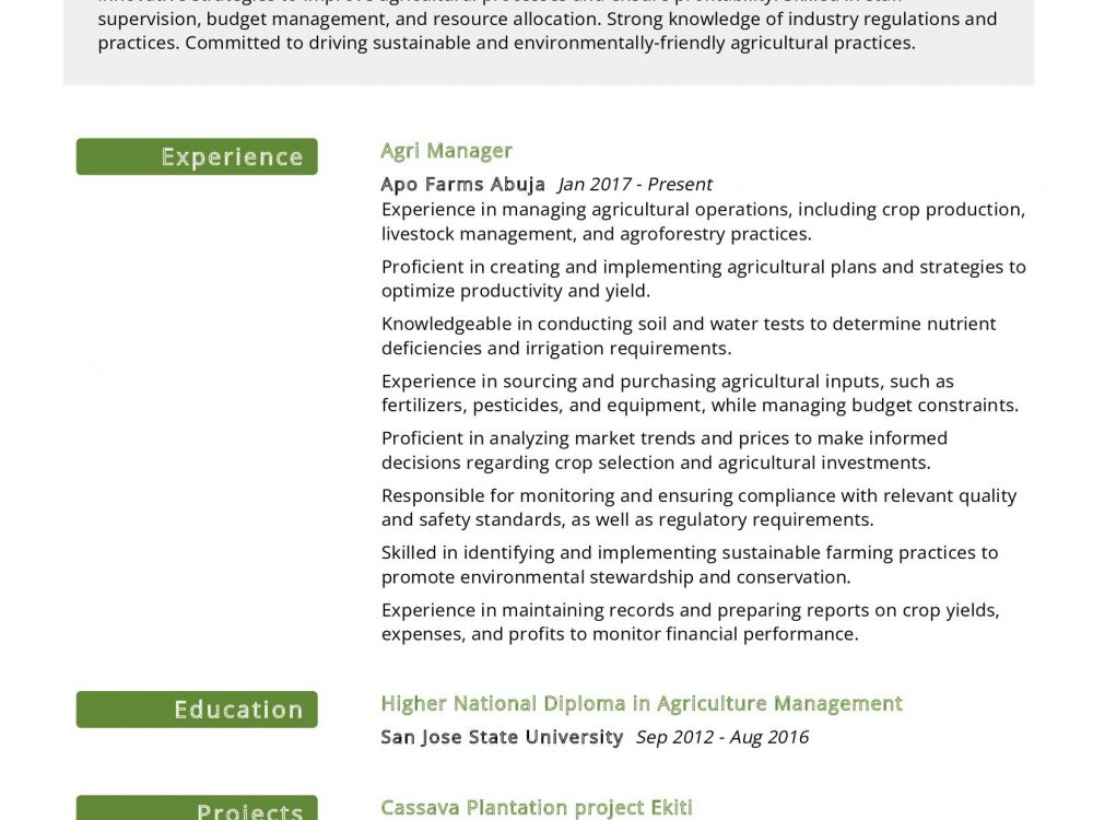 Agriculture Manager Resume Example in 2024 ResumeKraft