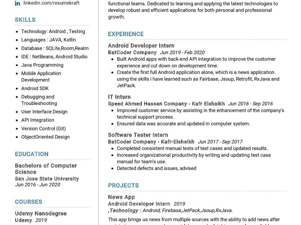 Android Developer Intern CV Example in 2024 - ResumeKraft