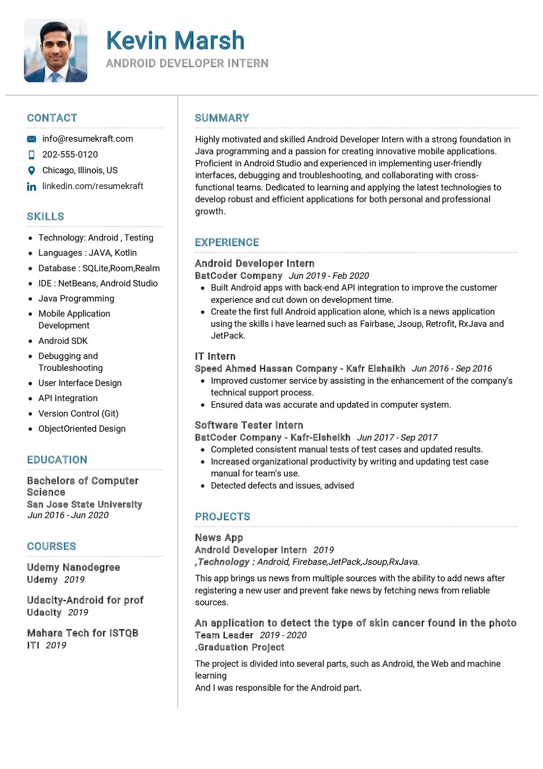 Android Developer Intern CV Example in 2024 - ResumeKraft