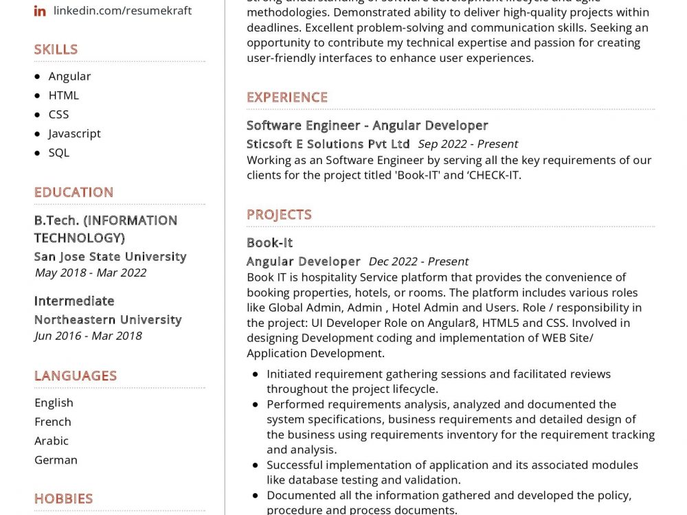 Angular Developer Resume Sample