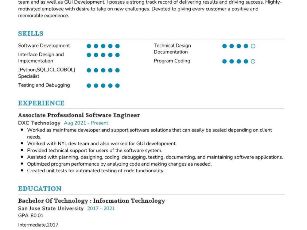 Associate Professional Software Engineer Resume Example