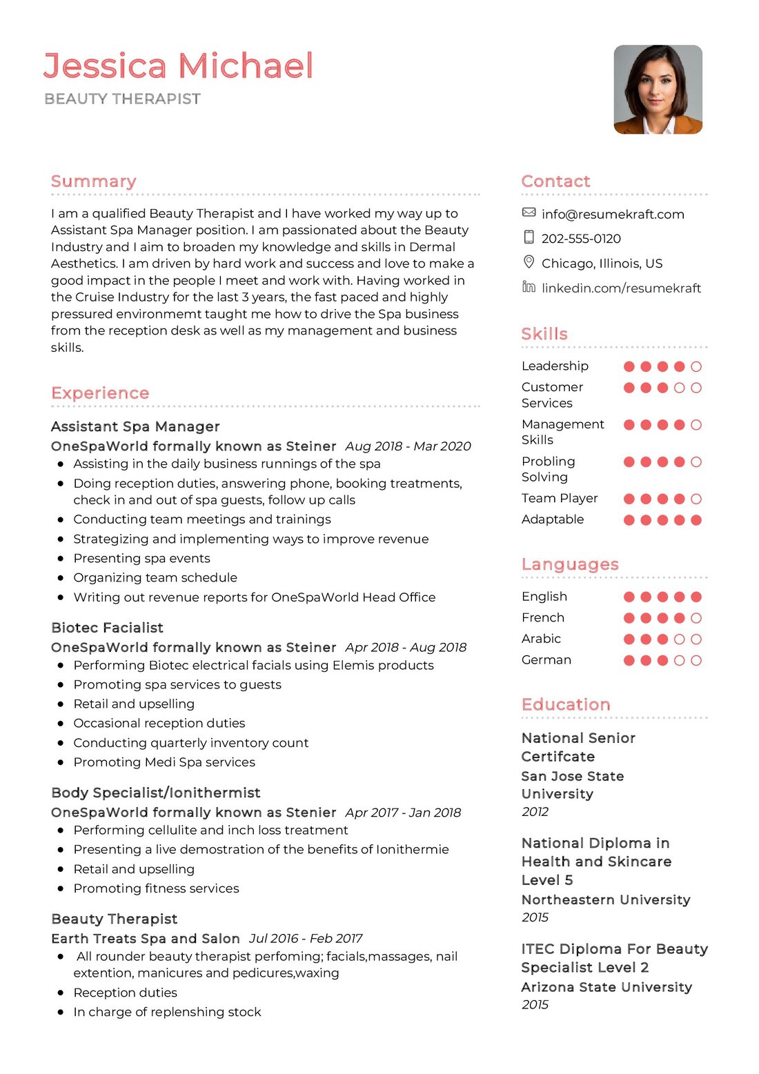 Beauty Therapist CV Example in 2024 - ResumeKraft