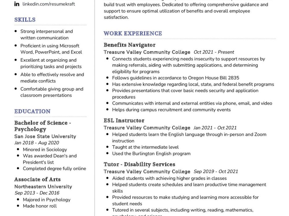 Benefits Navigator Resume Example