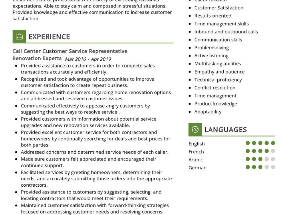Call Center Customer Service Representative CV Sample