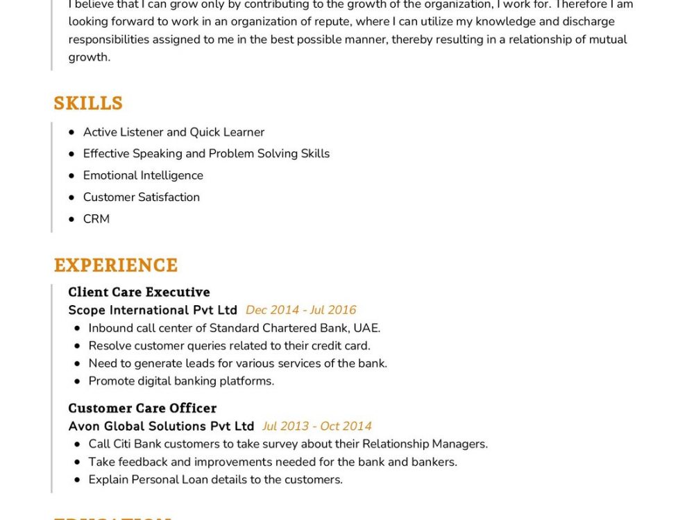 Client Care Executive Resume Sample