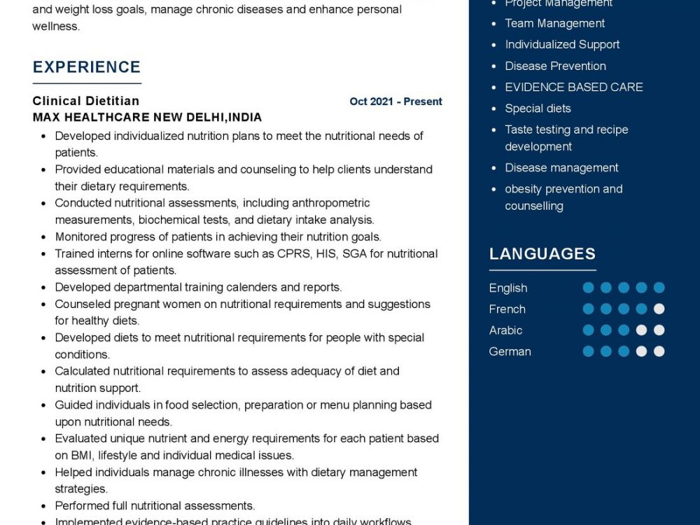 Clinical Dietitian Resume Sample