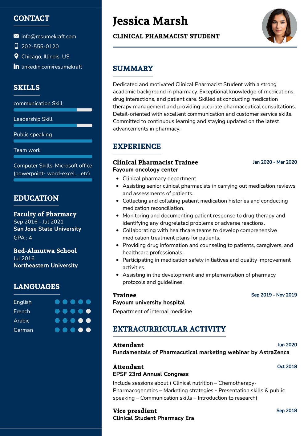 Clinical Pharmacist Student CV Example in 2024 - ResumeKraft