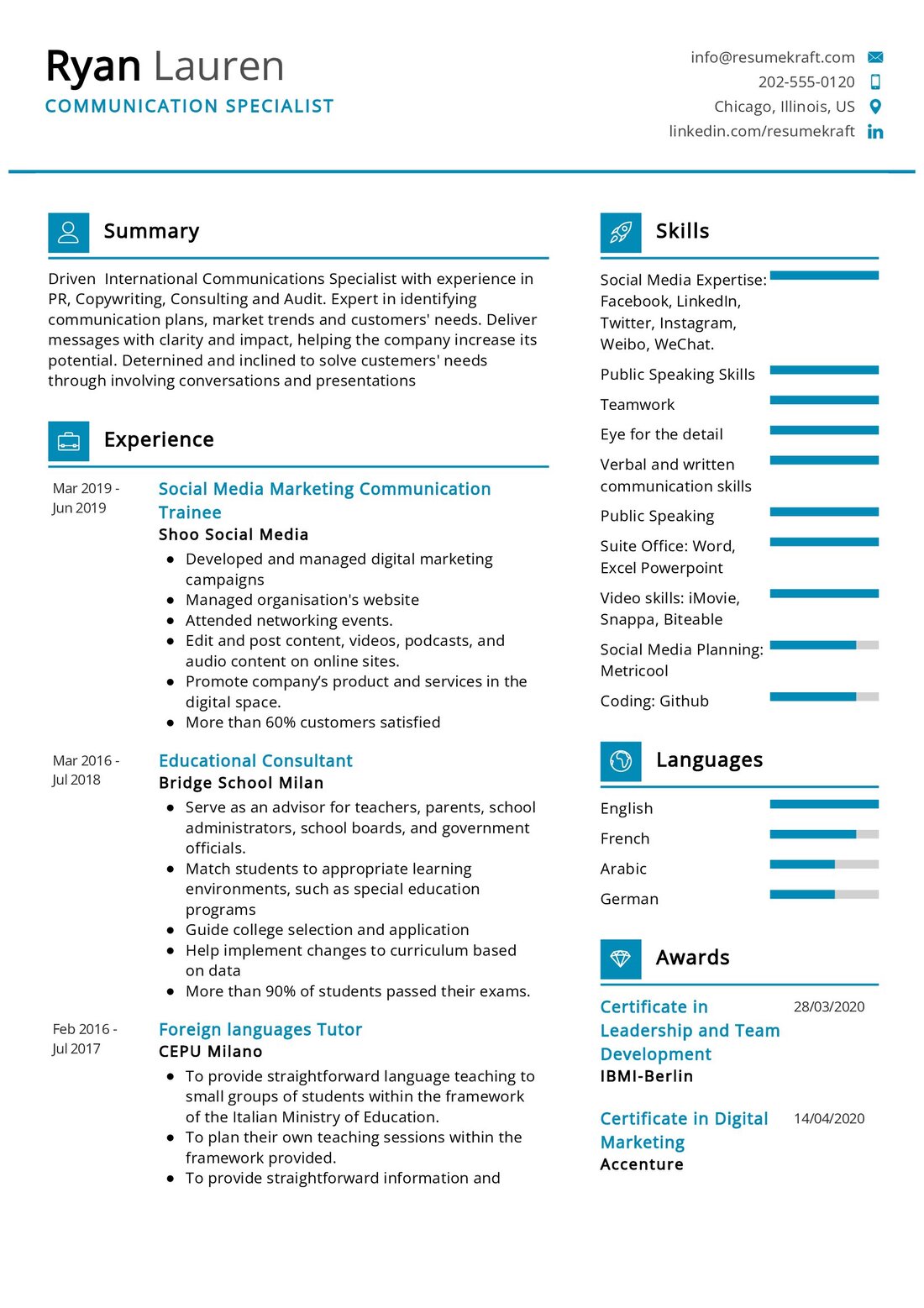 Communication Specialist CV Example in 2024 - ResumeKraft