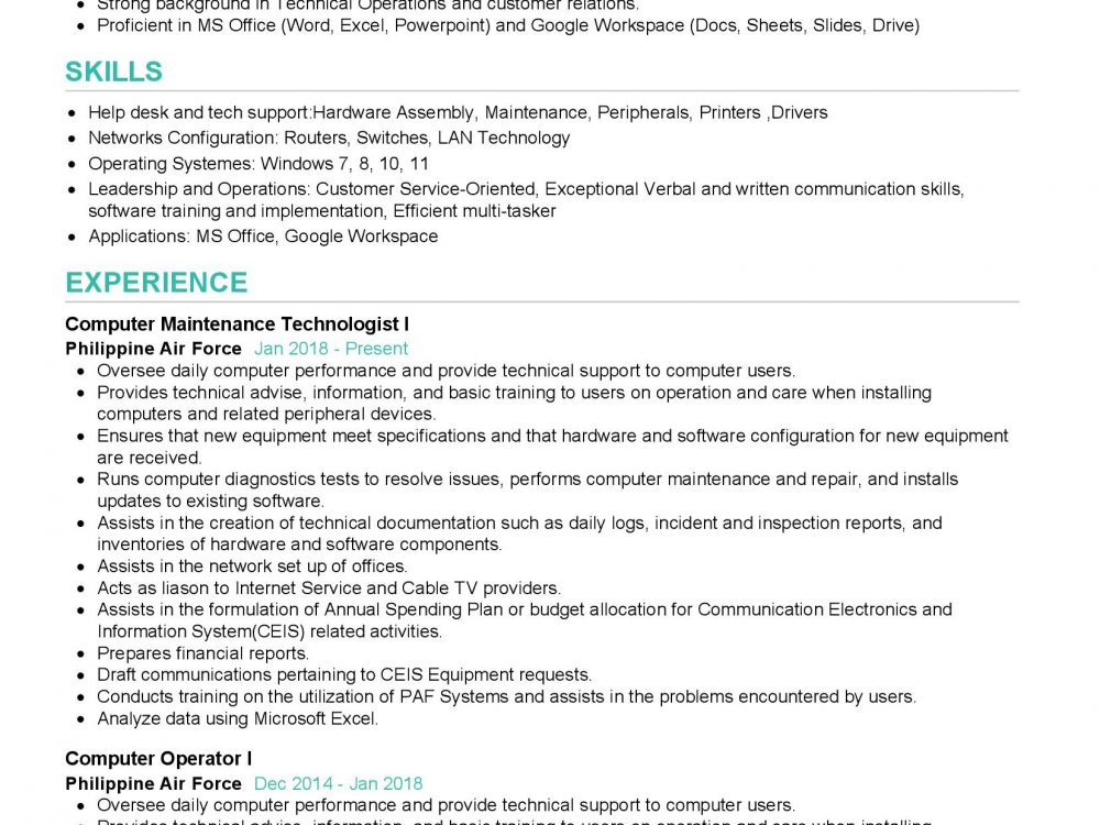 Computer Maintenance Technologist Resume Example