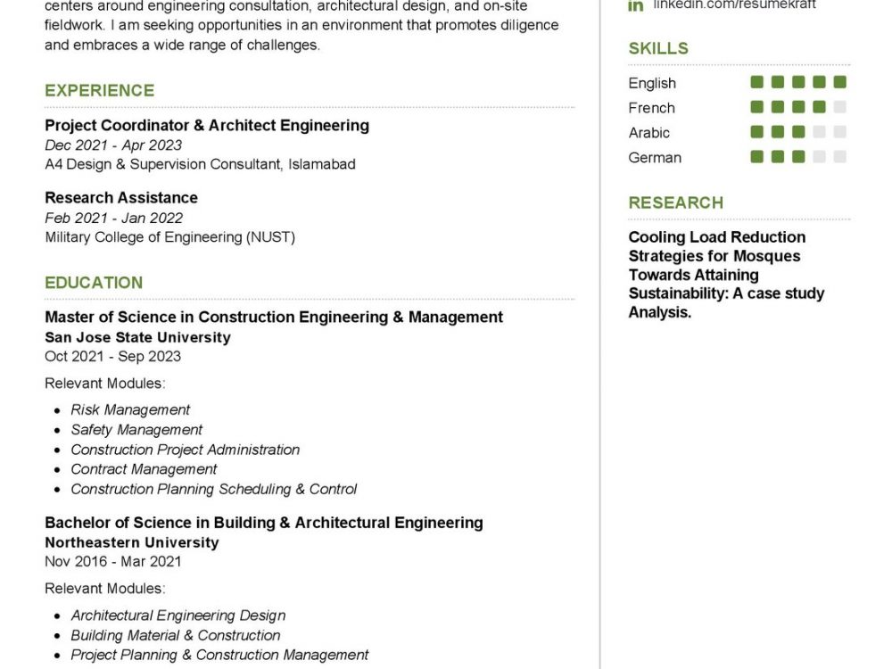 Construction Engineering Resume Example