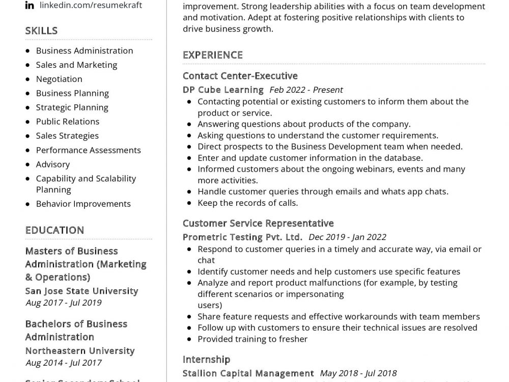 Contact Center Executive Resume Example
