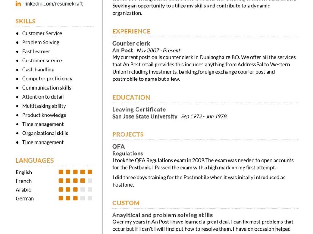 Counter Clerk CV Example