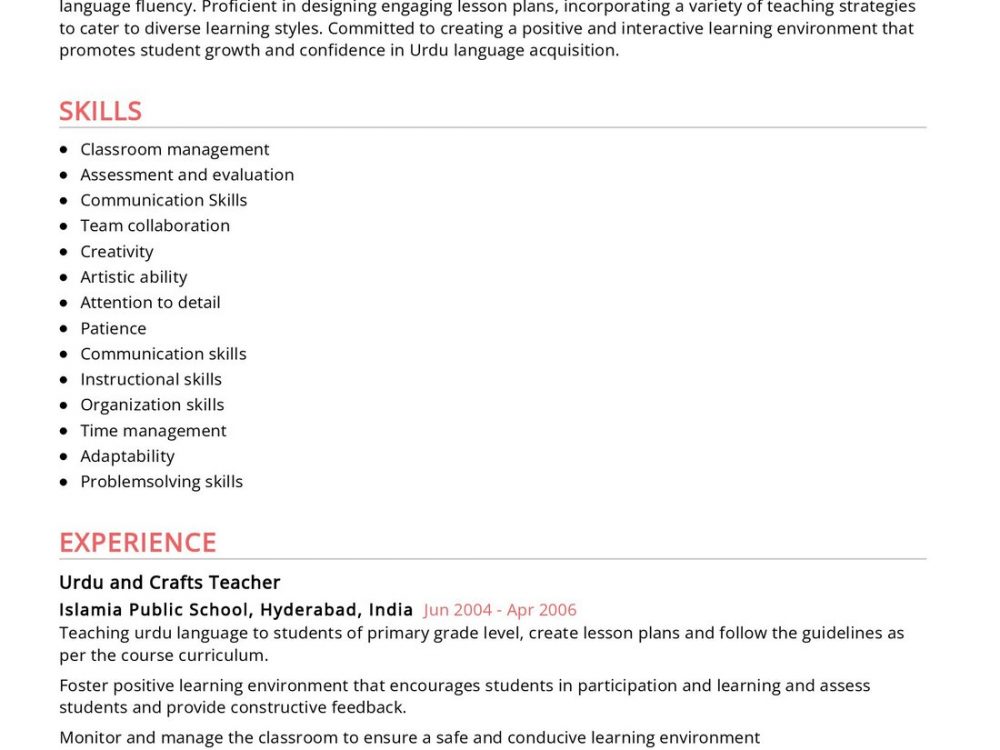 Crafts Teacher Resume Sample