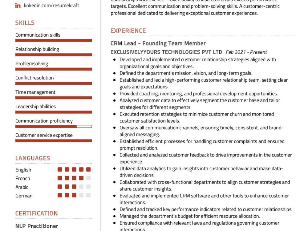 Customer Relations Head Resume Sample