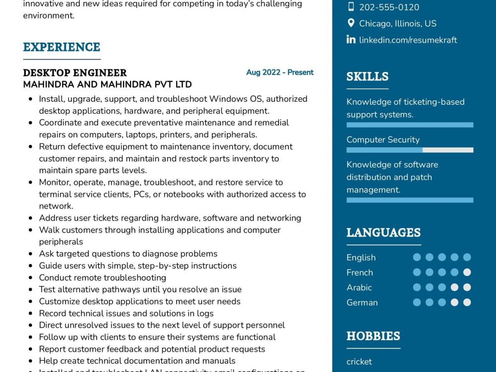 Desktop Engineer Resume Example