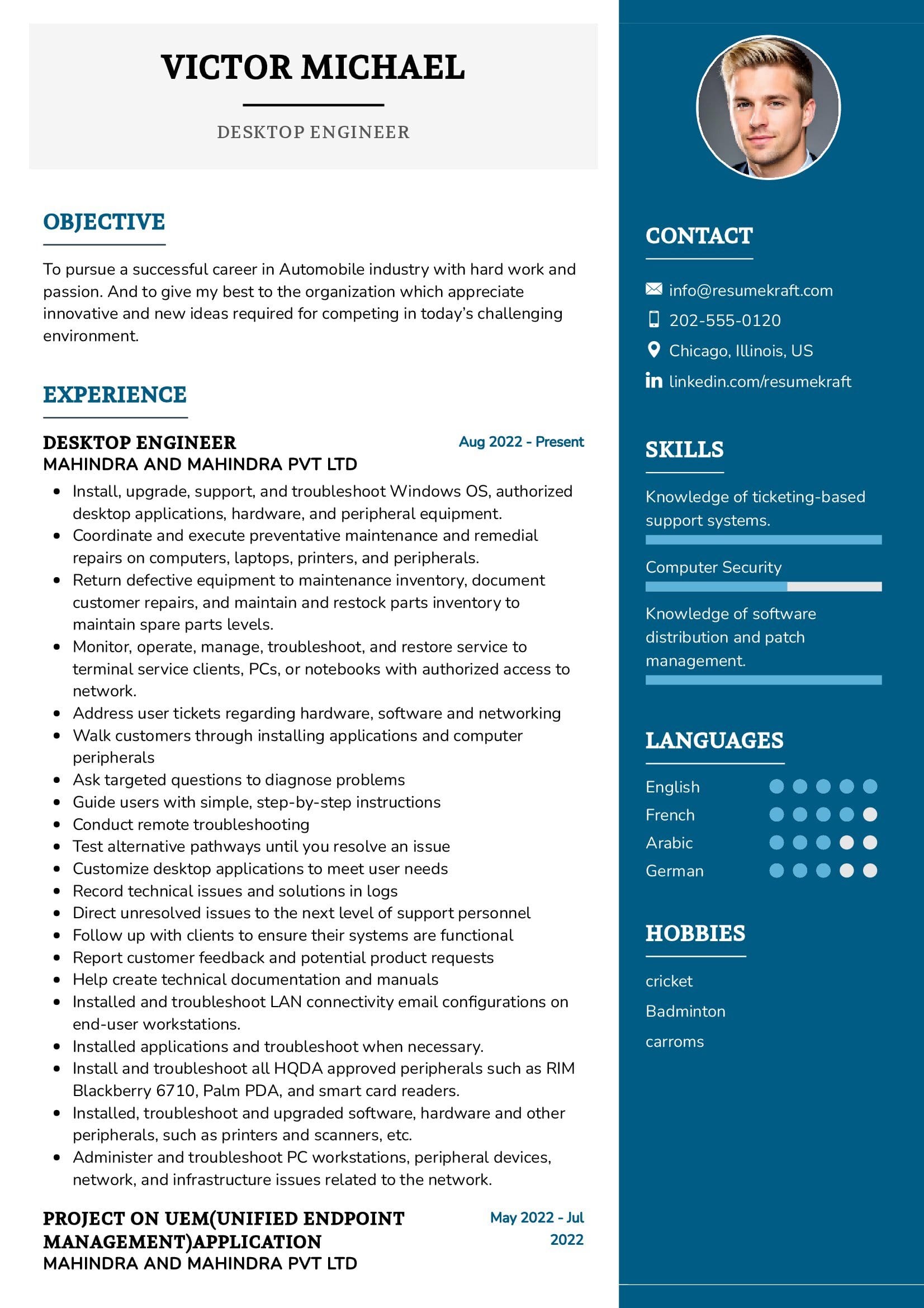 desktop support engineer experience resume download