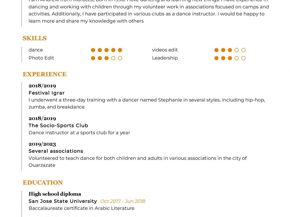Dance instructor Resume Example