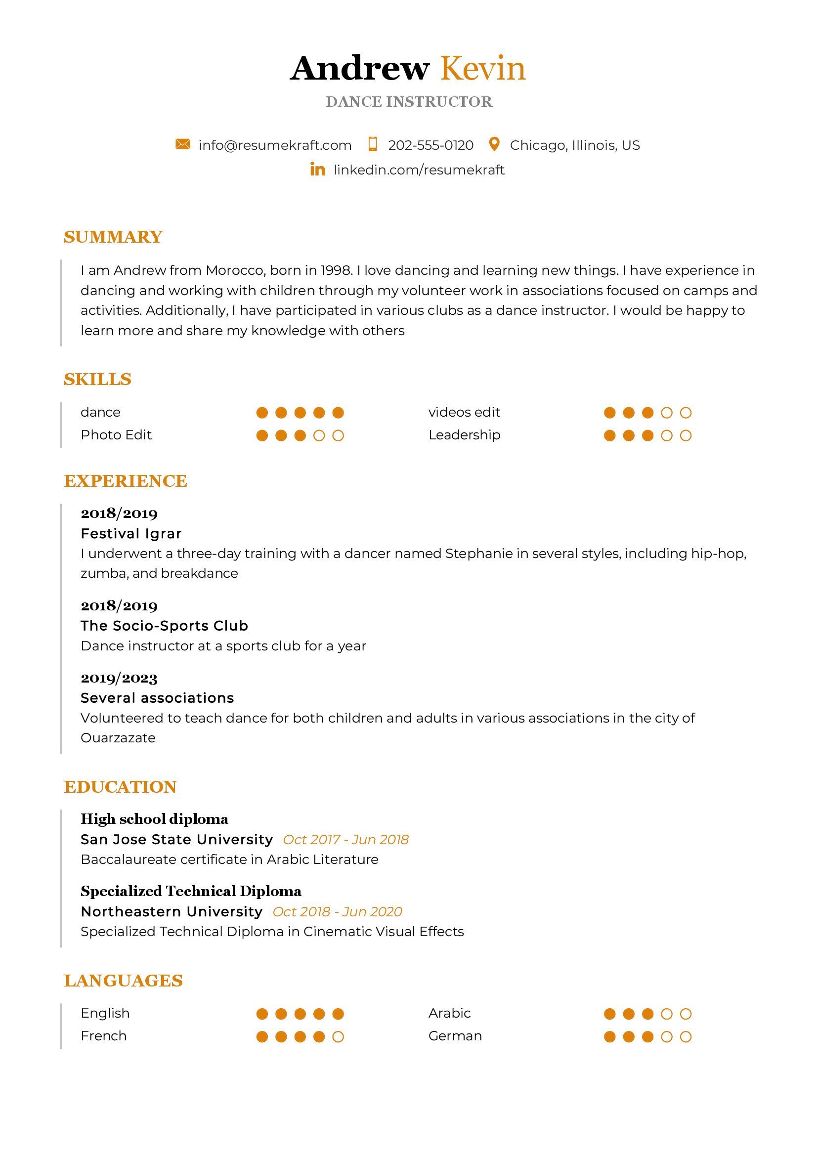 Dance instructor Resume Example in 2024 - ResumeKraft