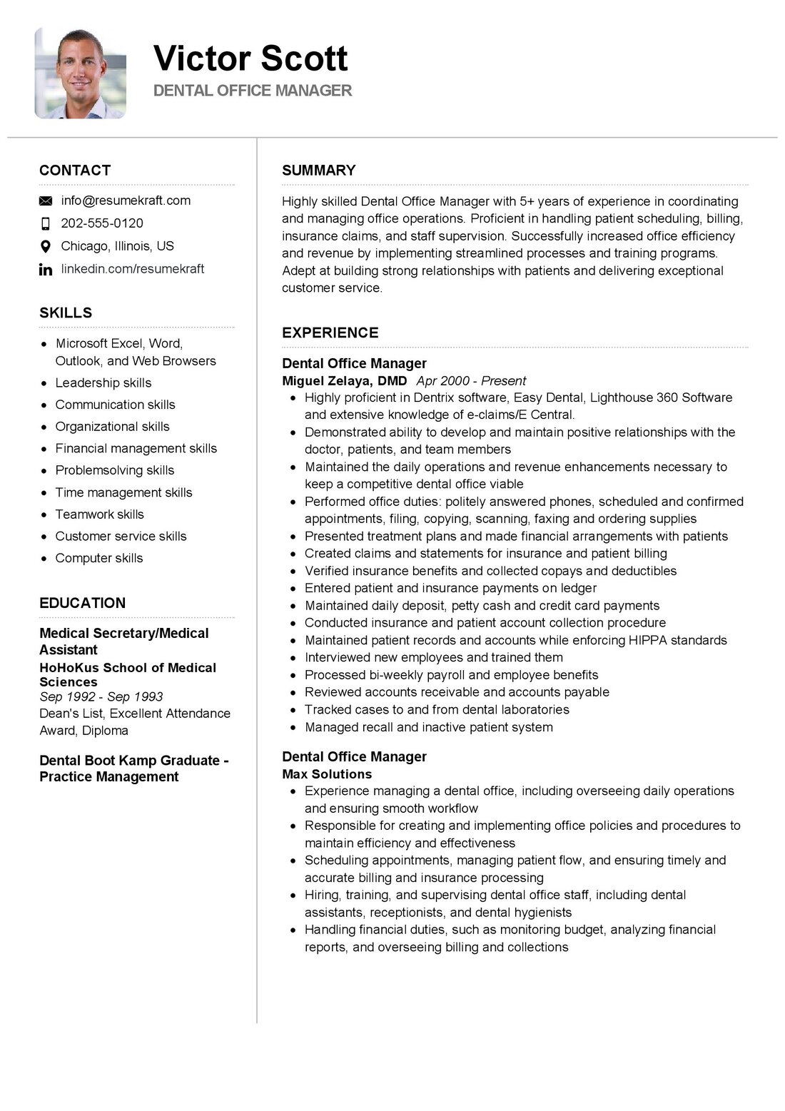 example resume for dental office manager