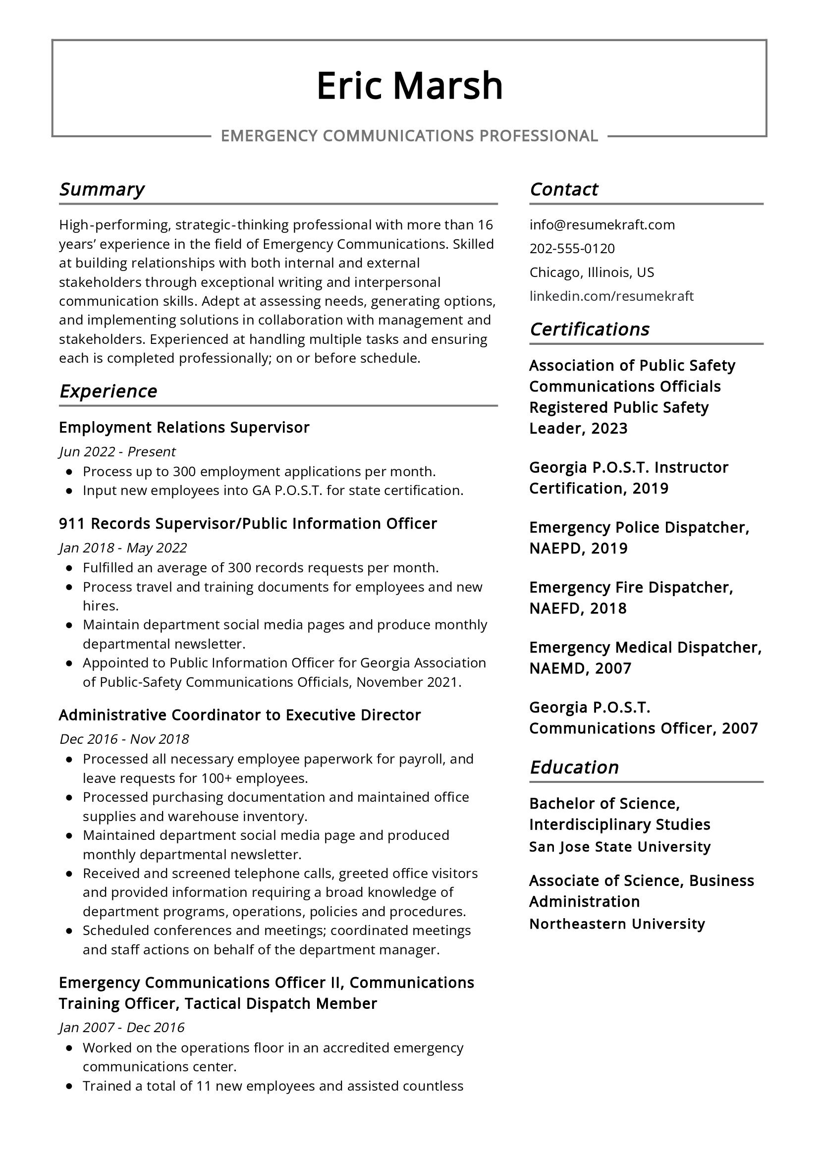 Emergency Communications Professional Resume Sample in 2024 - ResumeKraft