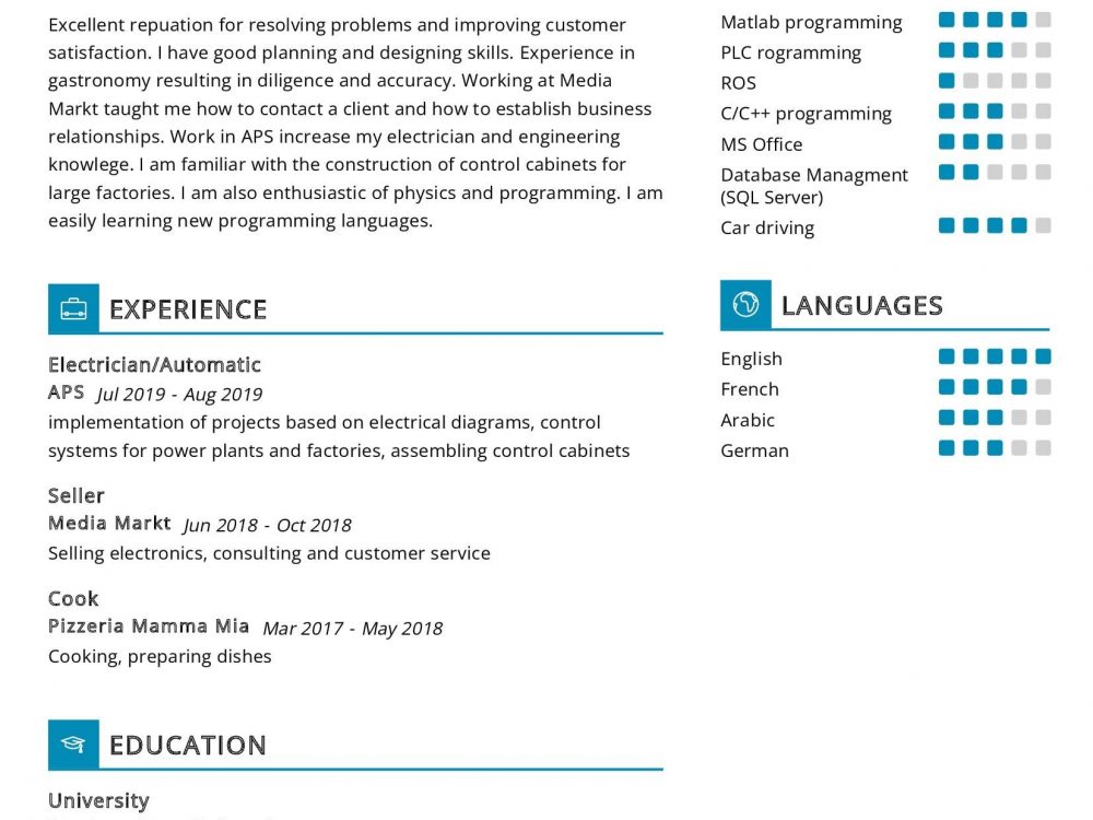 Engineer of Automation Resume Sample