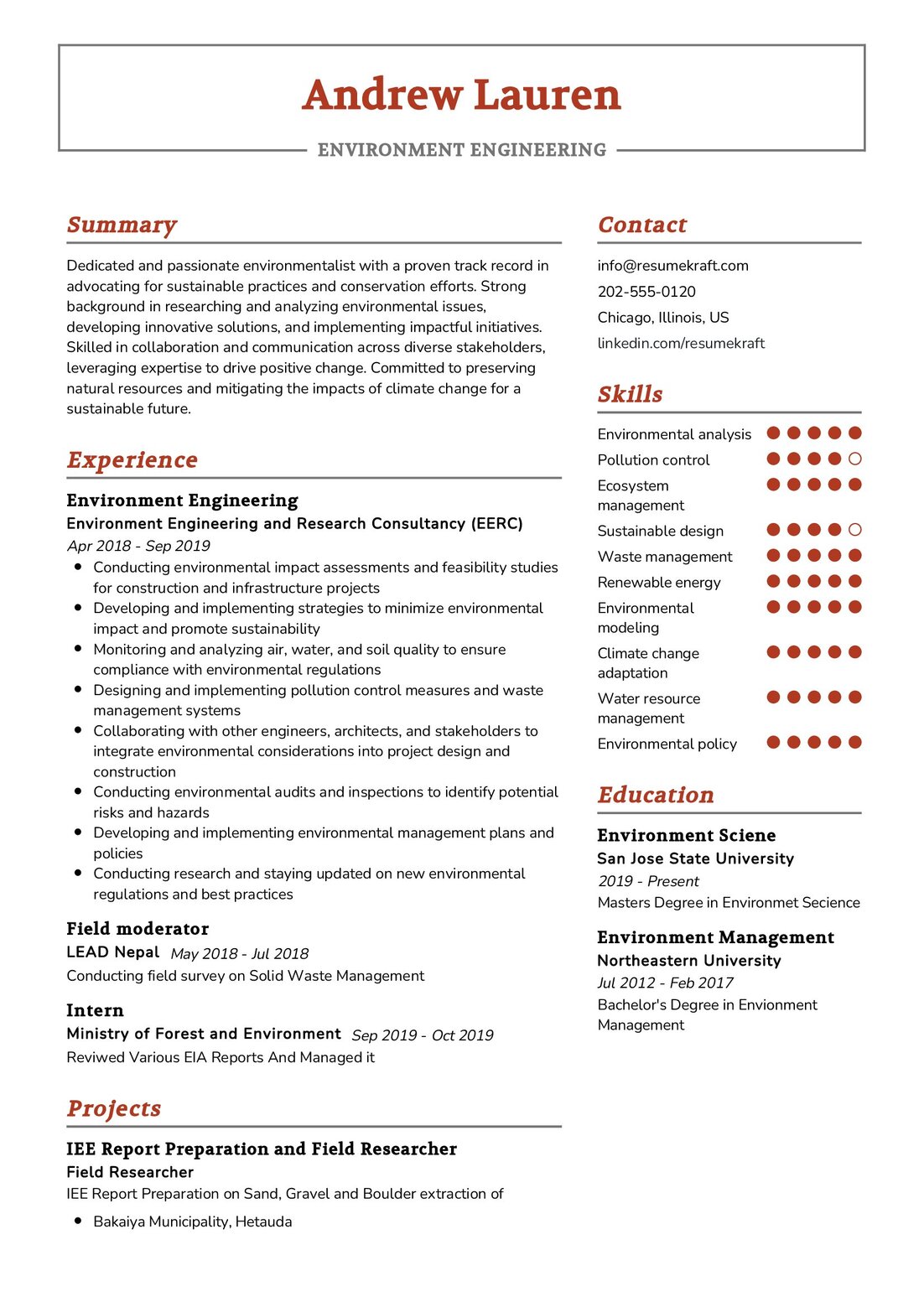 Environment Engineering Resume Example