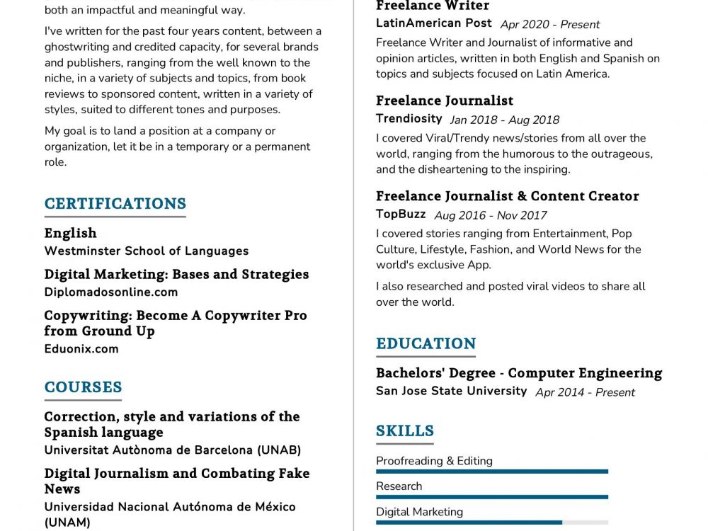 Freelance Copywriter Resume Sample