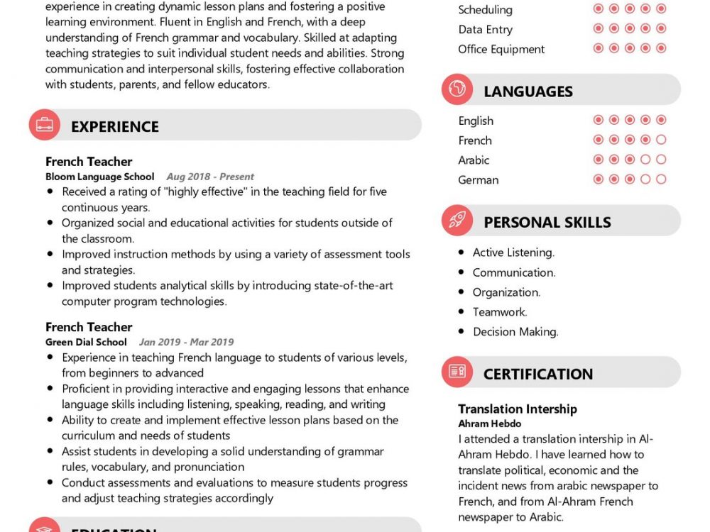 French Teacher Resume Example