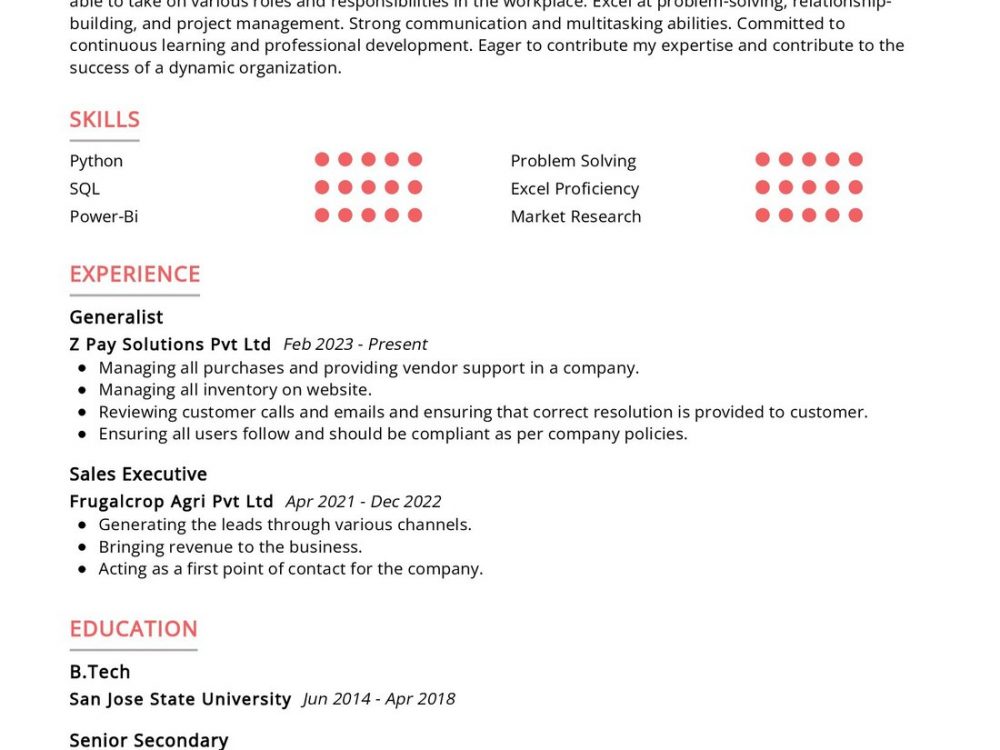 Generalist Resume Example
