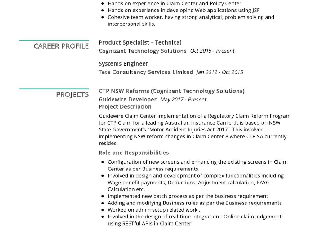 Guidewire Developer Resume Example
