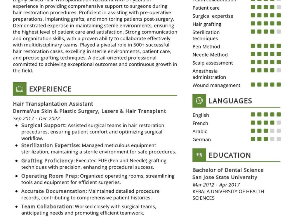 Hair Transplantation Assistant Resume Example