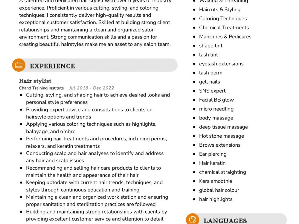 Hair stylist Resume Example