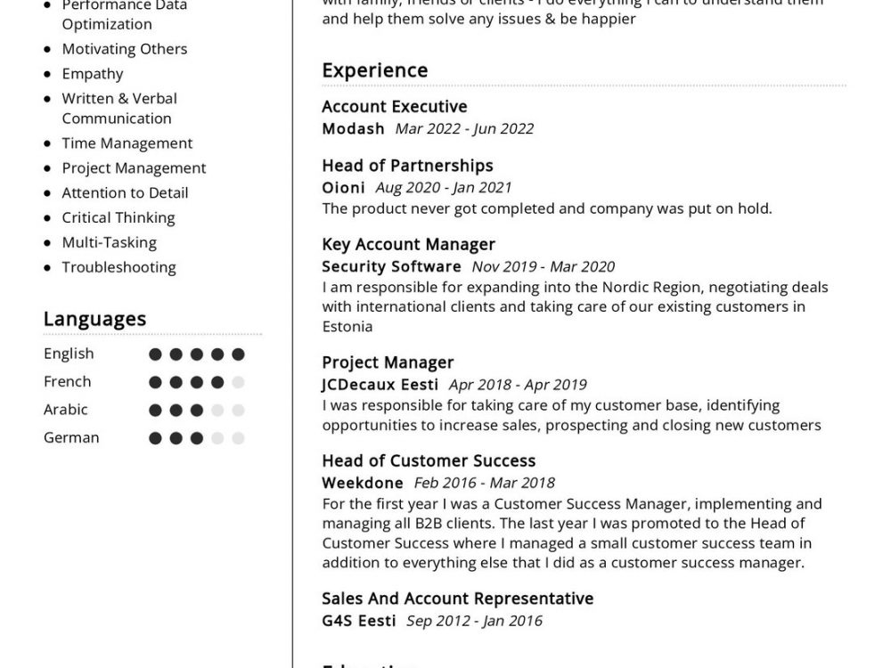 head of customer service resume