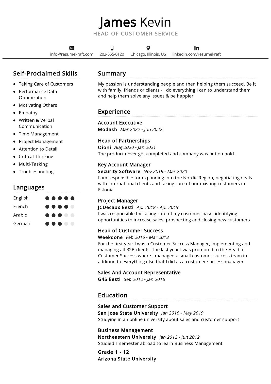 head of customer service resume