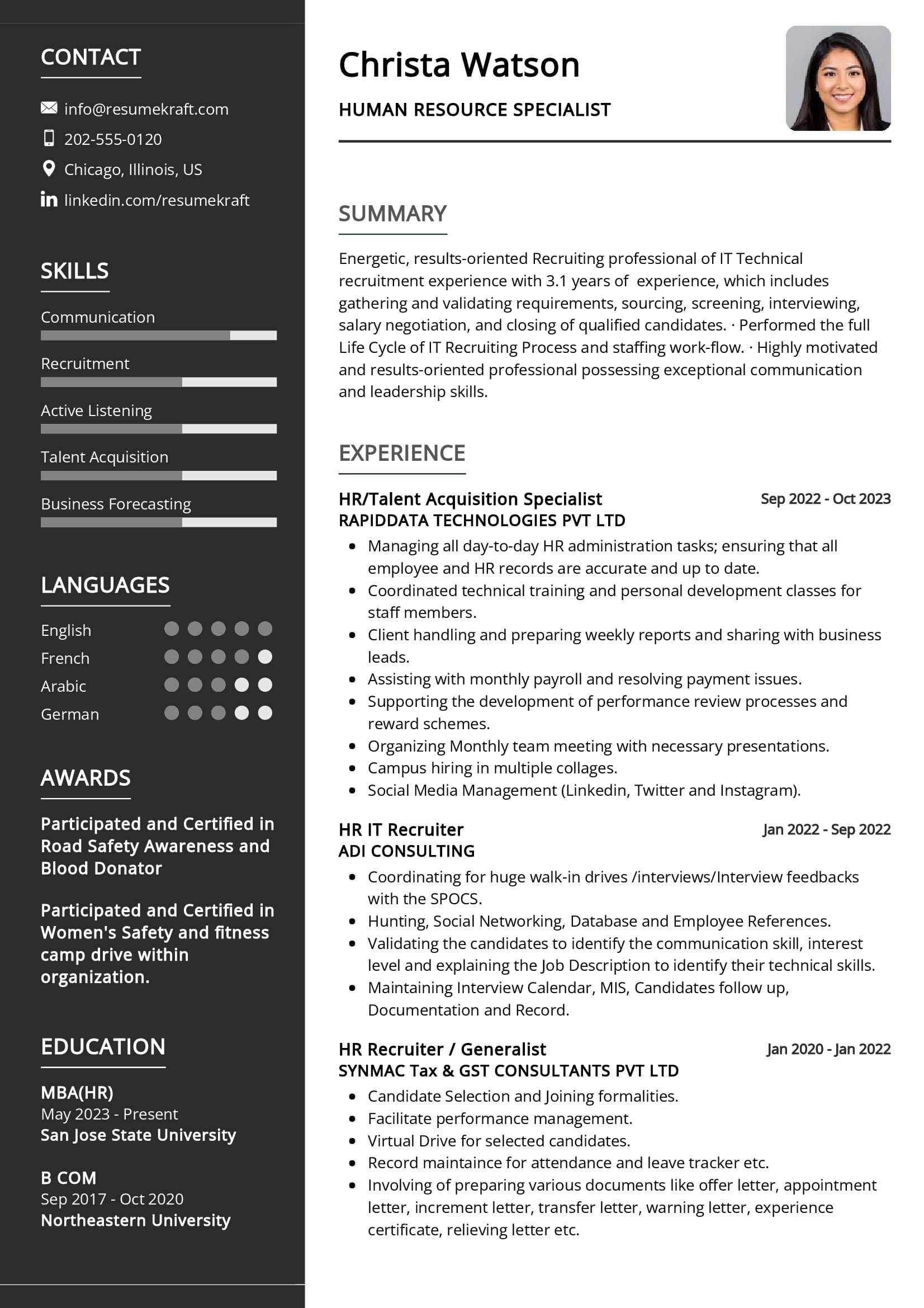 Human Resource Specialist Resume Sample in 2024 - ResumeKraft