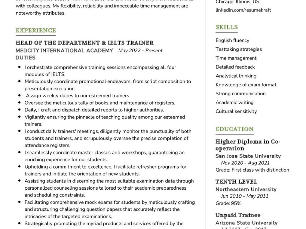IELTS Trainer Resume Sample in - IELTS Trainer Resume Sample 1000x750 