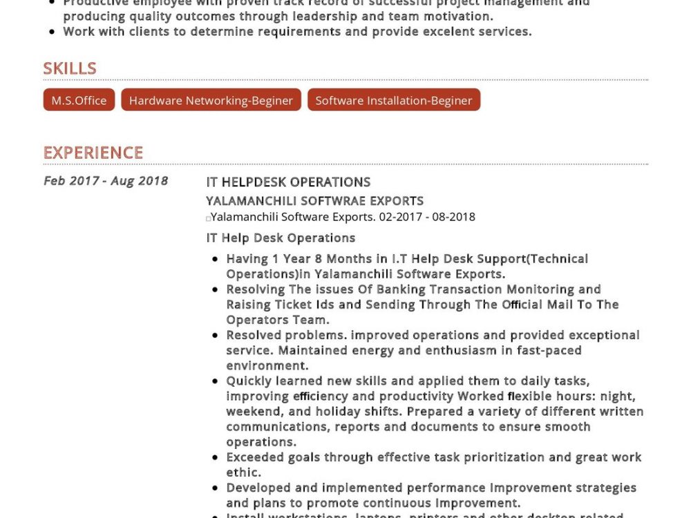 IT Helpdesk Operations Resume Sample