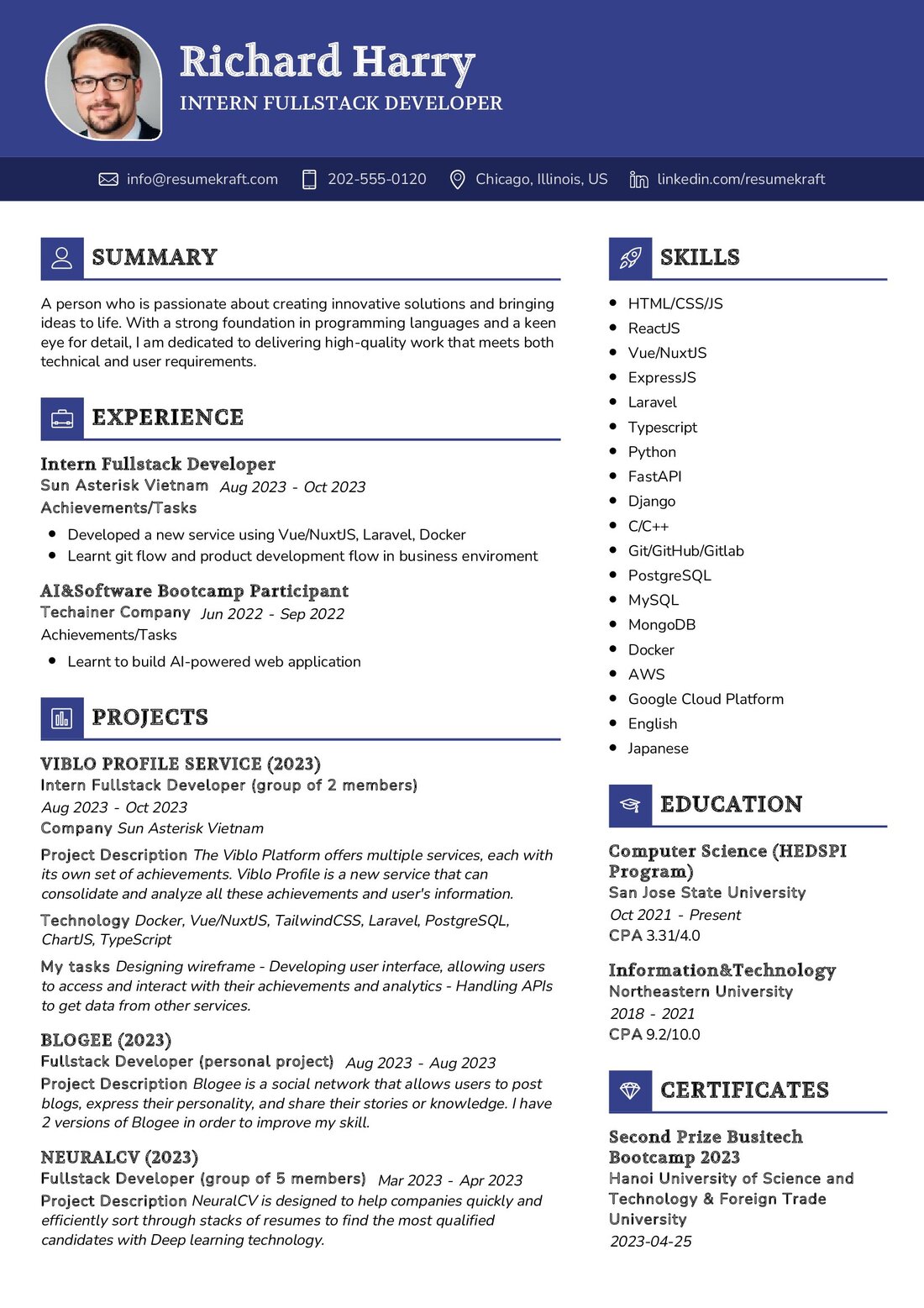 Intern Fullstack Developer Resume Sample in 2024 - ResumeKraft