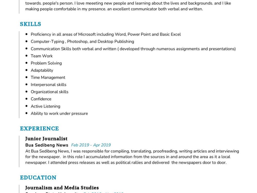 Journalism & Mass Communication CV Sample