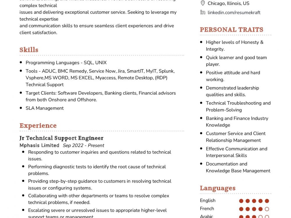 Jr Technical Support Engineer Resume Example
