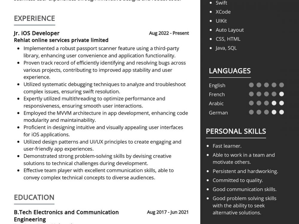 Junior iOS Developer Resume Sample