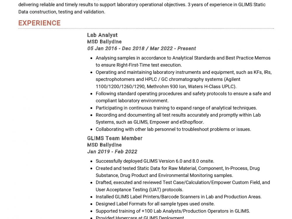 Lab Analyst Resume Sample