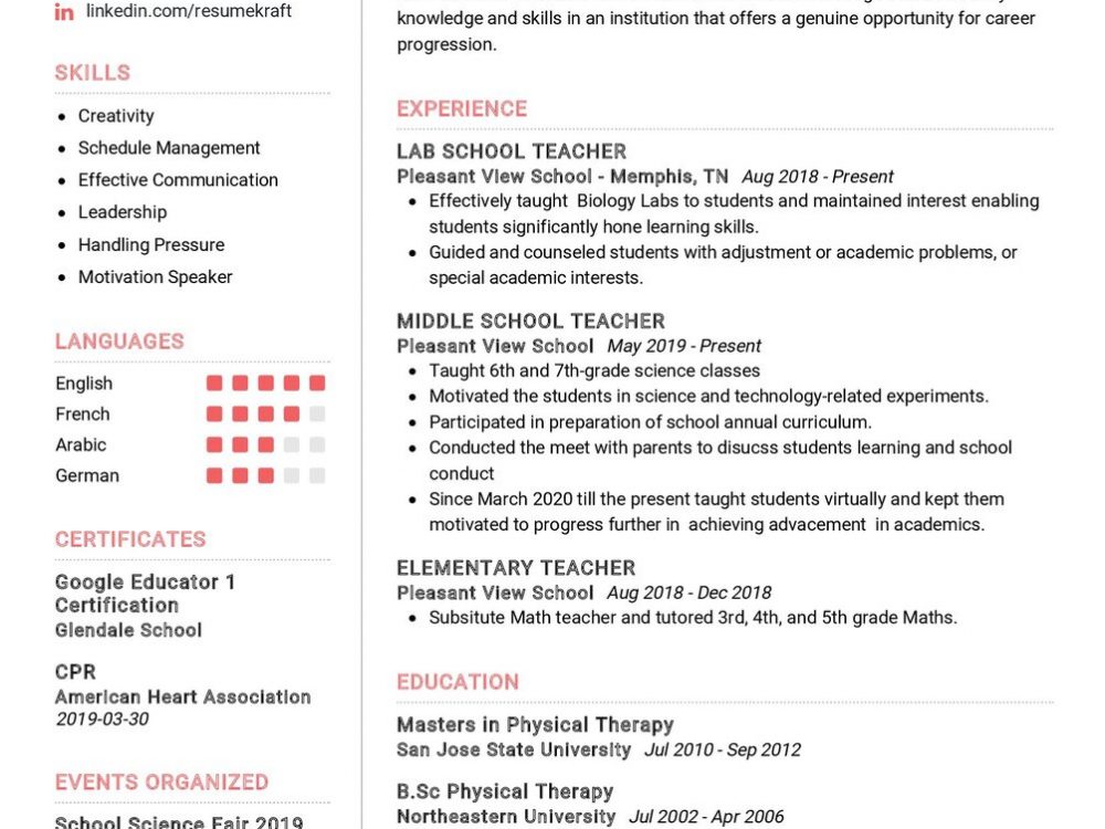 Lab School Teacher CV Example