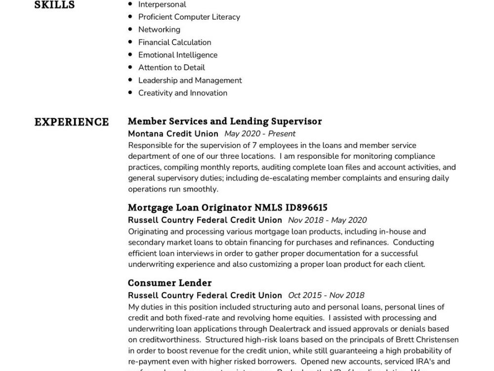Lending Professional Resume Example