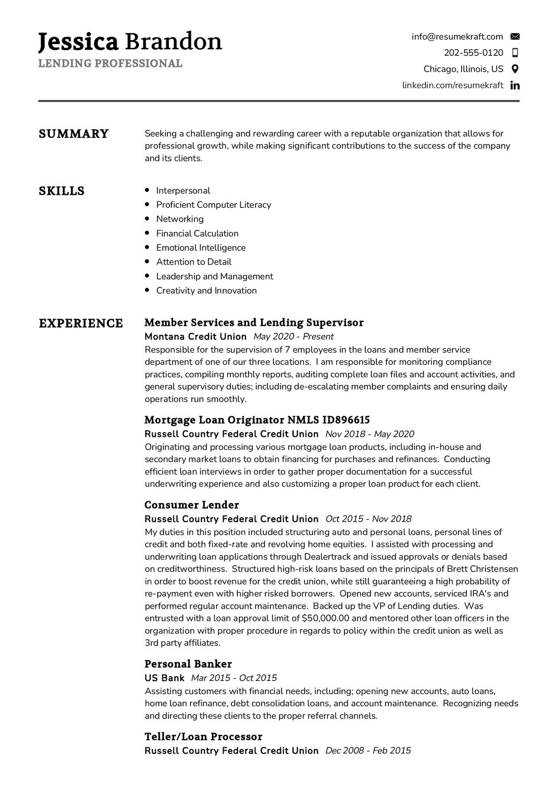 Lending Professional Resume Example