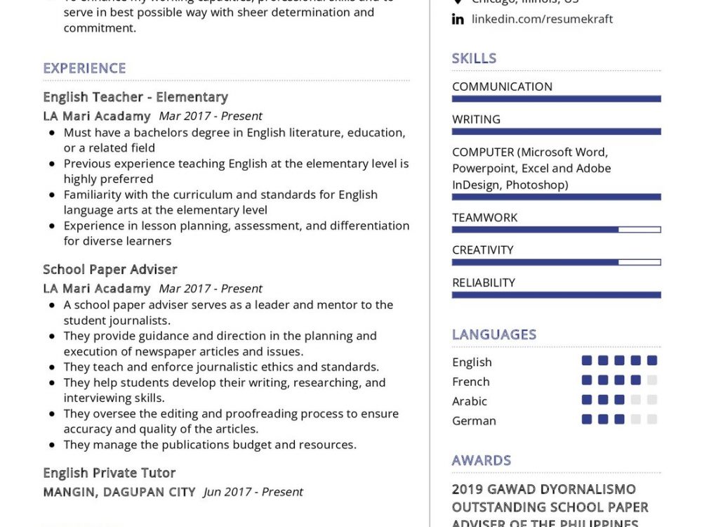 Licensed Professional Teacher CV Sample
