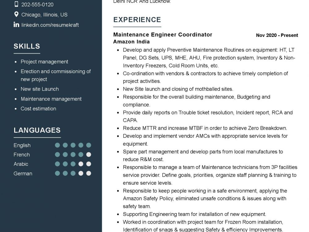 Maintenance Engineer Coordinator Resume Sample in 2024 - ResumeKraft