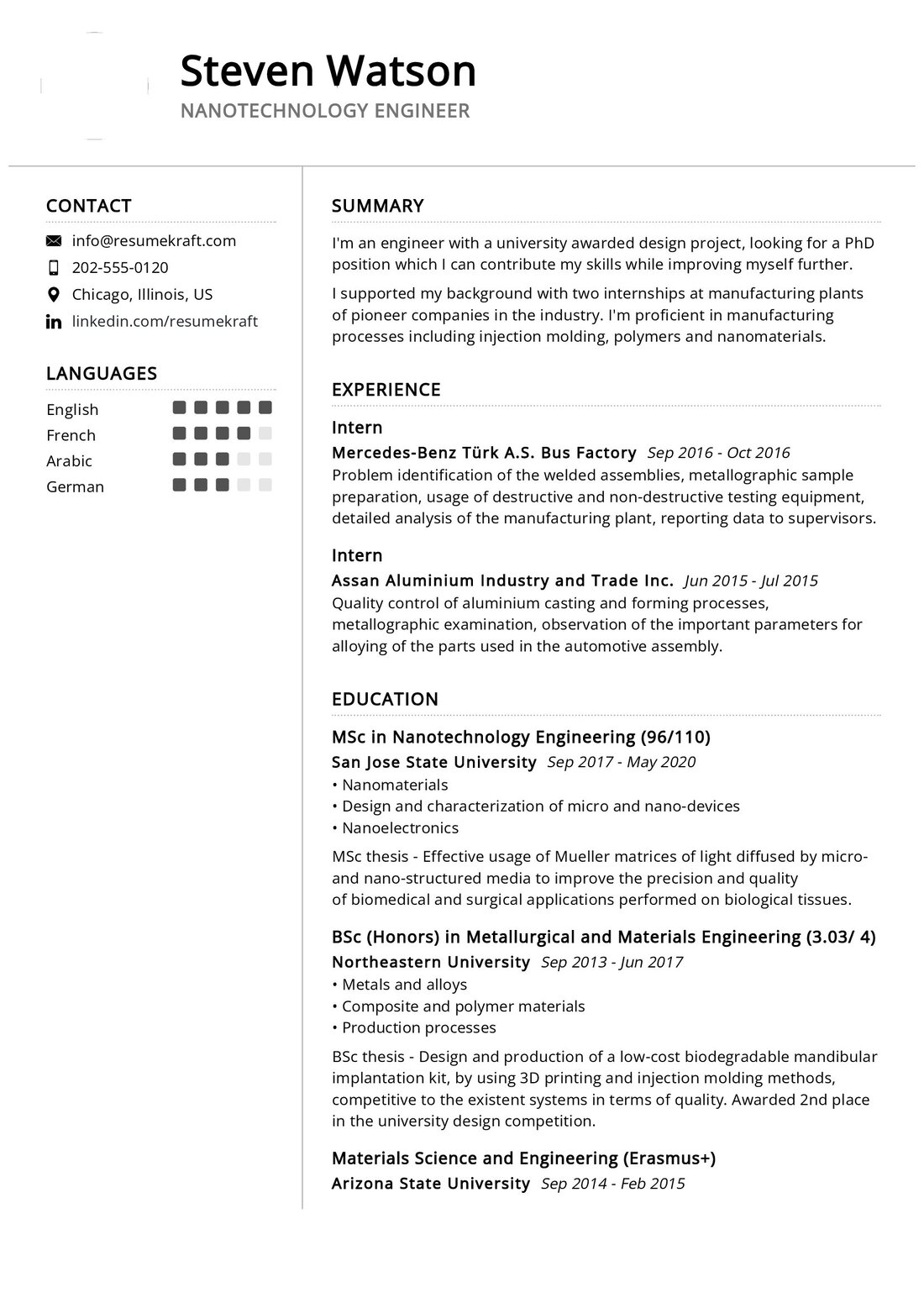 Materials and Nanotechnology Engineer Resume Sample in 2024 - ResumeKraft