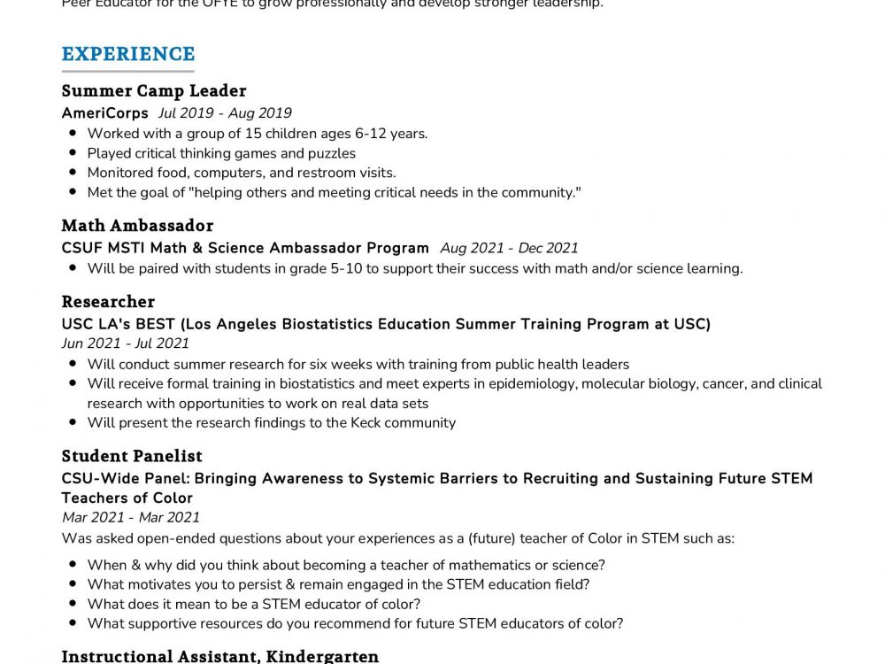 Mathematics Education Student Resume Sample